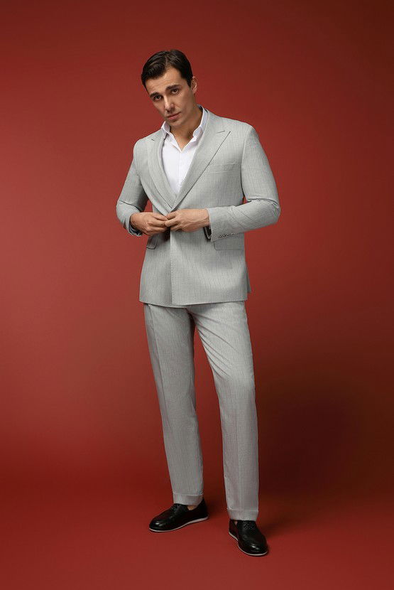 Erkek Giyim - Slim Fit Dar Kesim Çizgili İtalyan Kesim Kruvaze Takım Elbise