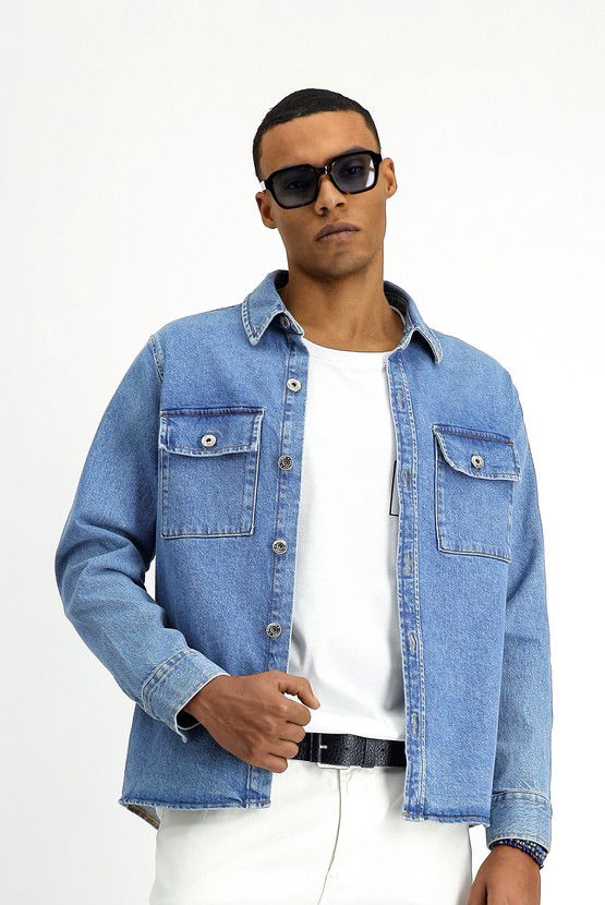 Erkek Giyim - Slim Fit Dar Kesim Denim Pamuklu Gömlek / Mont