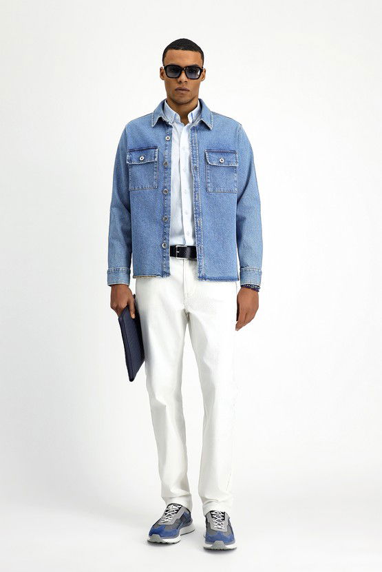 Erkek Giyim - Slim Fit Dar Kesim Denim Pamuklu Gömlek / Mont
