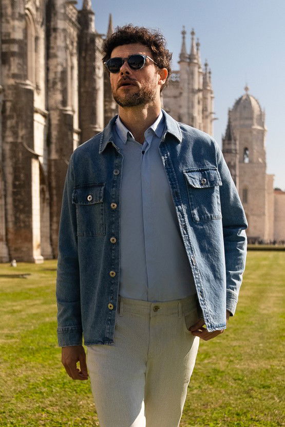 Erkek Giyim - Slim Fit Dar Kesim Denim Pamuklu Gömlek / Mont