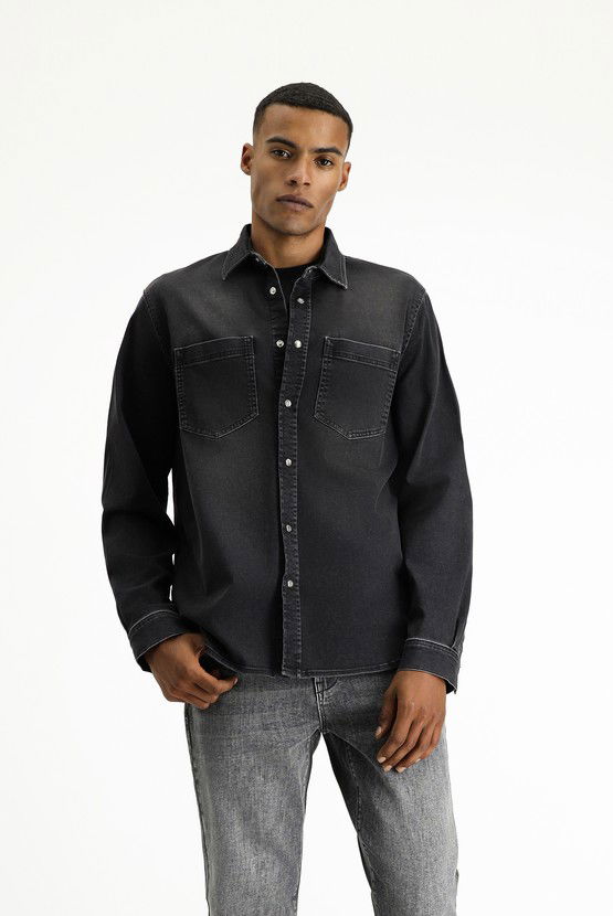 Erkek Giyim - Uzun Kol Regular Fit Denim Pamuklu Gömlek