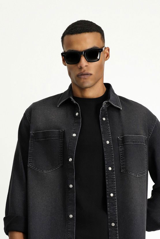 Erkek Giyim - Uzun Kol Regular Fit Denim Pamuklu Gömlek