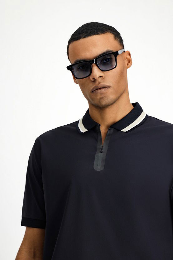 Erkek Giyim - Techno-Line Fermuarlı Likralı Slim Fit Dar Kesim Polo Yaka Tişört