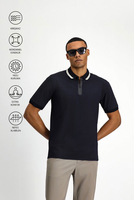 Erkek Giyim - Techno-Line Fermuarlı Likralı Slim Fit Dar Kesim Polo Yaka Tişört