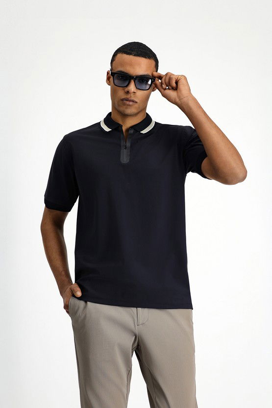 Erkek Giyim - Techno-Line Fermuarlı Likralı Slim Fit Dar Kesim Polo Yaka Tişört
