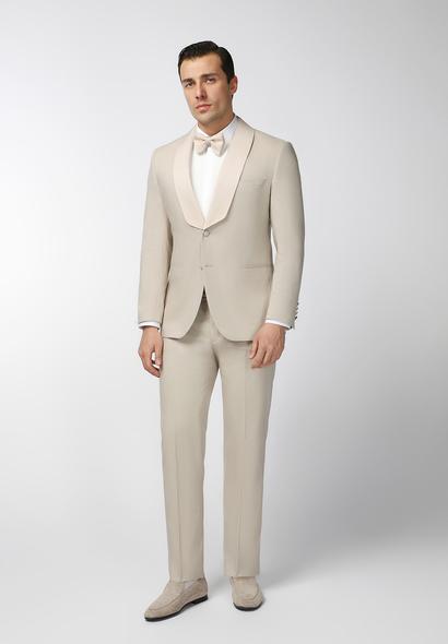 Erkek Giyim - AÇIK BEJ 46 Beden Slim Fit Dar Kesim Şal Yaka Smokin & Damatlık