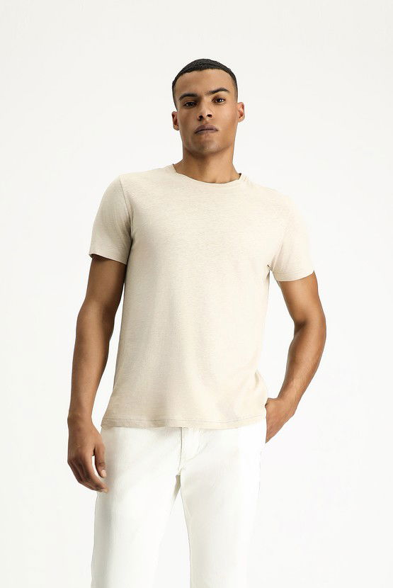 Erkek Giyim - Bisiklet Yaka Slim Fit Dar Kesim Keten Karışımlı Tişört