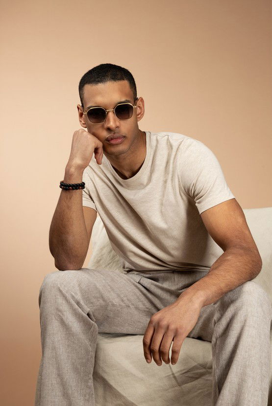 Erkek Giyim - Bisiklet Yaka Slim Fit Dar Kesim Keten Karışımlı Tişört