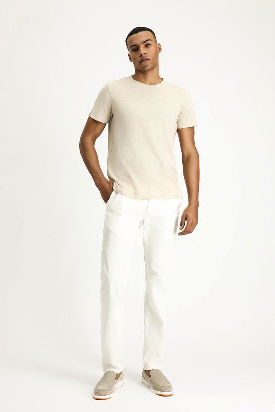 Erkek Giyim - Bisiklet Yaka Slim Fit Dar Kesim Keten Karışımlı Tişört