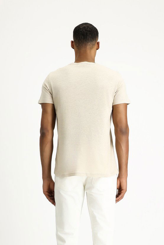 Erkek Giyim - Bisiklet Yaka Slim Fit Dar Kesim Keten Karışımlı Tişört