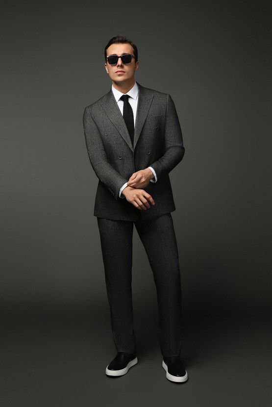 Erkek Giyim - Slim Fit Dar Kesim Keten Karışımlı Kruvaze Takım Elbise