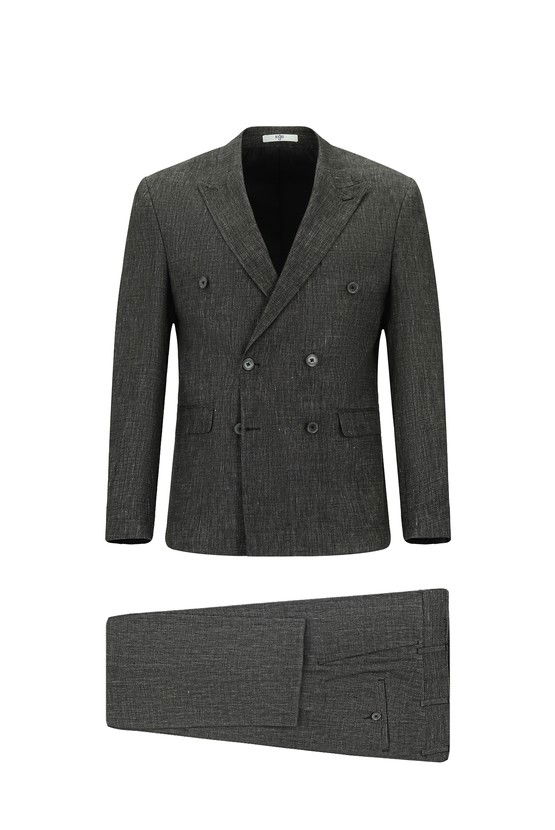 Erkek Giyim - Slim Fit Dar Kesim Keten Karışımlı Kruvaze Takım Elbise
