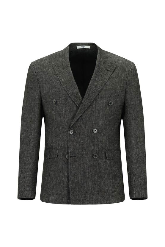 Erkek Giyim - Slim Fit Dar Kesim Keten Karışımlı Kruvaze Takım Elbise