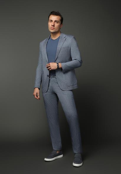 Erkek Giyim - KOYU MAVİ 56 Beden Slim Fit Dar Kesim Keten Karışımlı Beli Lastikli İpli Takım Elbise