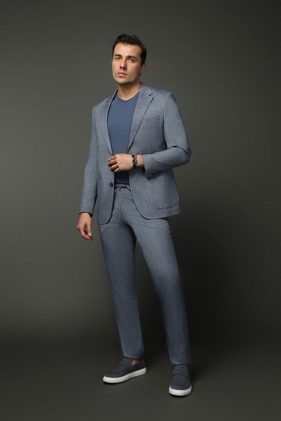 Erkek Giyim - Slim Fit Dar Kesim Keten Karışımlı Beli Lastikli İpli Takım Elbise