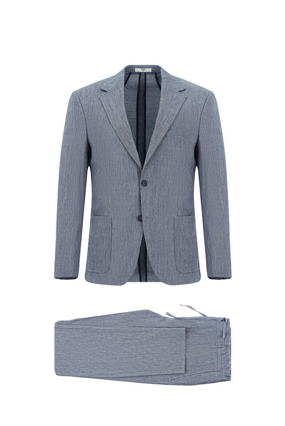 Erkek Giyim - Slim Fit Dar Kesim Keten Karışımlı Beli Lastikli İpli Takım Elbise