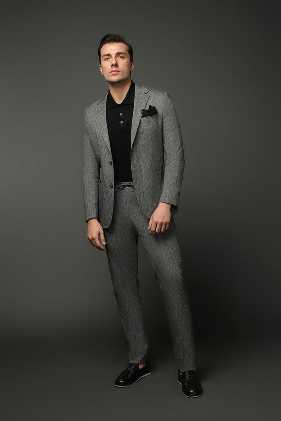 Erkek Giyim - Slim Fit Dar Kesim Keten Karışımlı Beli Lastikli İpli Takım Elbise