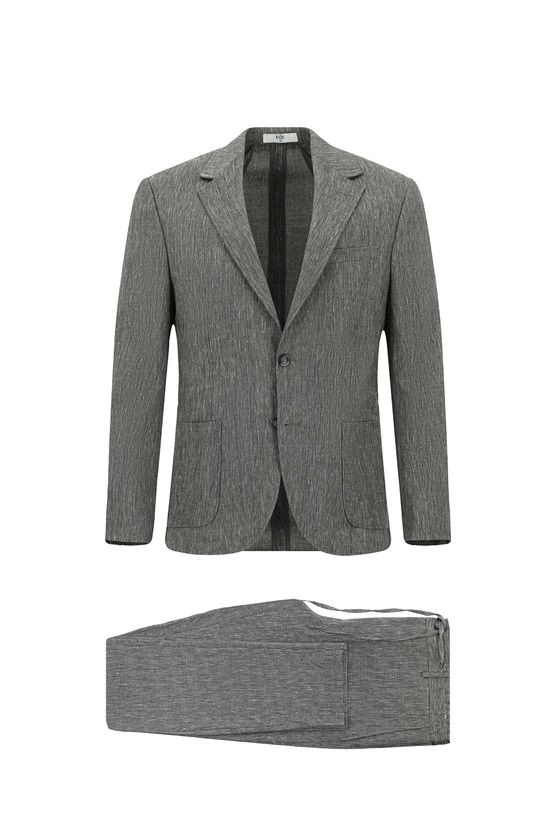 Erkek Giyim - Slim Fit Dar Kesim Keten Karışımlı Beli Lastikli İpli Takım Elbise