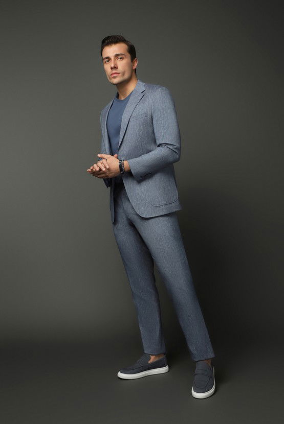 Erkek Giyim - Slim Fit Dar Kesim Keten Karışımlı Beli Lastikli İpli Takım Elbise