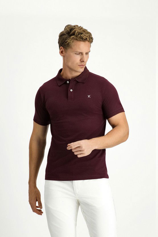 Erkek Giyim - Polo Yaka Slim Fit Dar Kesim Nakışlı Pamuk Tişört