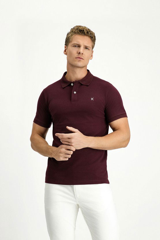 Erkek Giyim - Polo Yaka Slim Fit Dar Kesim Nakışlı Pamuk Tişört