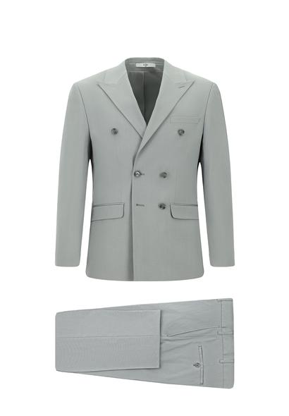Erkek Giyim - AÇIK GRİ 60 Beden Regular Fit Pamuklu Lyocell Kruvaze Takım Elbise
