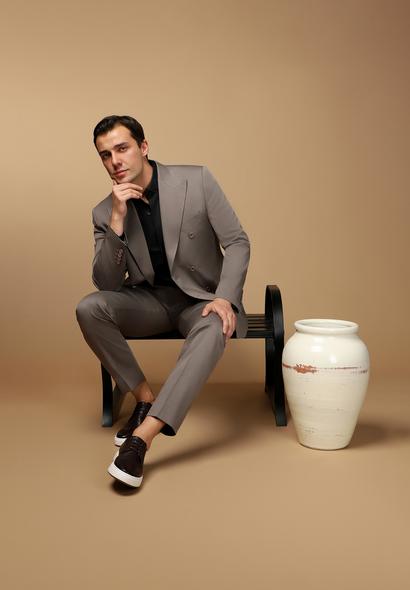 Erkek Giyim - KOYU VİZON 54 Beden Regular Fit Pamuklu Lyocell Kruvaze Takım Elbise