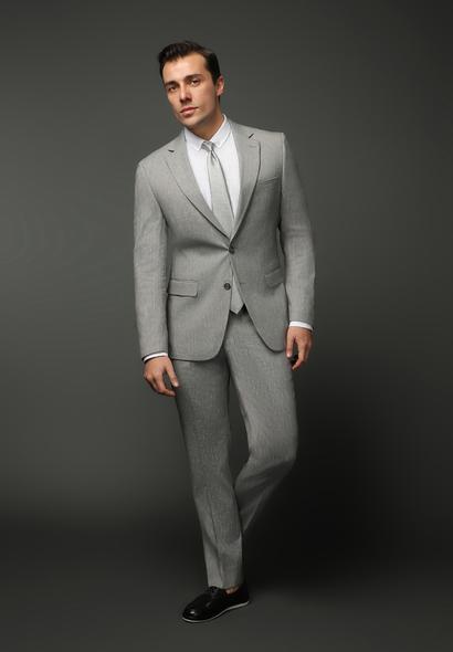 Erkek Giyim - ORTA GRİ 44 Beden Slim Fit Dar Kesim Keten Karışımlı Takım Elbise