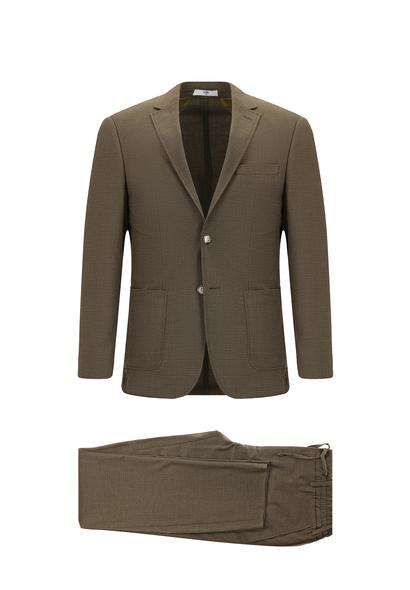 Erkek Giyim - ORTA KAHVE 52 Beden Super Slim Fit Ekstra Dar Kesim Desenli Beli Lastikli İpli Spor Takım Elbise