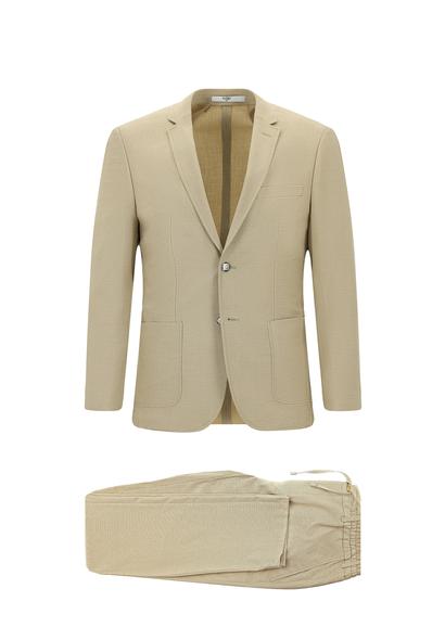 Erkek Giyim - AÇIK BEJ 48 Beden Super Slim Fit Ekstra Dar Kesim Desenli Beli Lastikli İpli Spor Takım Elbise