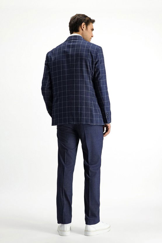 Erkek Giyim - Slim Fit Dar Kesim Kareli Kombinli Takım Elbise