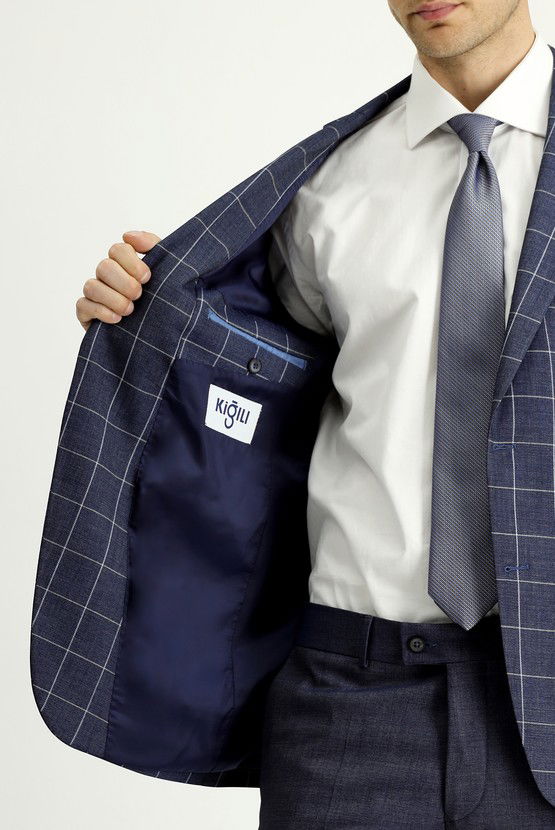 Erkek Giyim - Slim Fit Dar Kesim Kareli Kombinli Takım Elbise