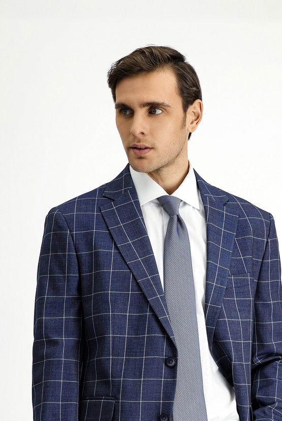 Erkek Giyim - Slim Fit Dar Kesim Kareli Kombinli Takım Elbise