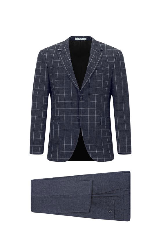 Erkek Giyim - Slim Fit Dar Kesim Kareli Kombinli Takım Elbise