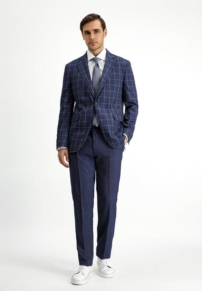 Erkek Giyim - KOYU LACİVERT 48 Beden Slim Fit Dar Kesim Kareli Kombinli Takım Elbise