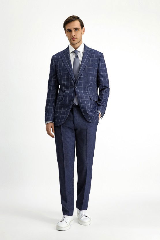 Erkek Giyim - Slim Fit Dar Kesim Kareli Kombinli Takım Elbise