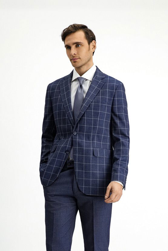 Erkek Giyim - Slim Fit Dar Kesim Kareli Kombinli Takım Elbise