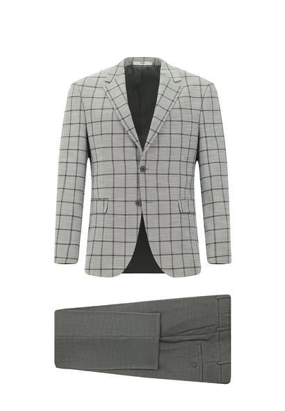 Erkek Giyim - ORTA FÜME 48 Beden Slim Fit Dar Kesim Kareli Kombinli Takım Elbise