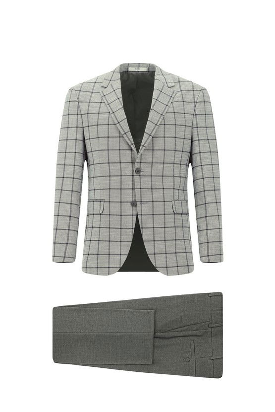 Erkek Giyim - Slim Fit Dar Kesim Kareli Kombinli Takım Elbise