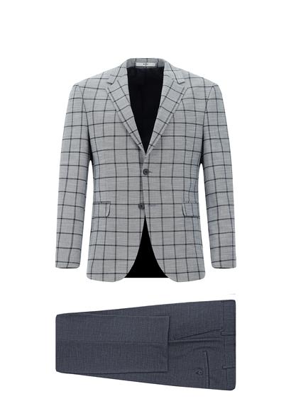 Erkek Giyim - ORTA LACİVERT 60 Beden Slim Fit Dar Kesim Kareli Kombinli Takım Elbise