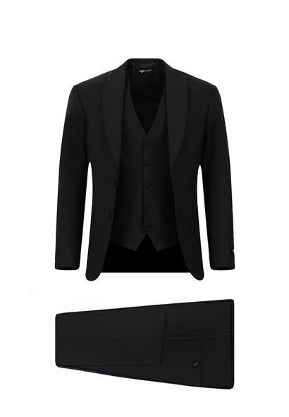 Erkek Giyim - SİYAH 56 Beden Regular Fit Şal Yaka Yelekli Smokin & Damatlık