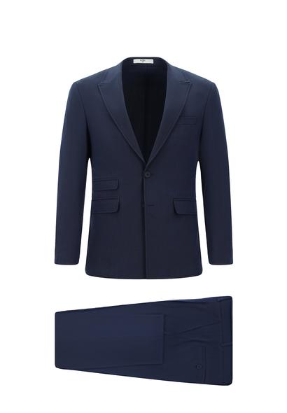 Erkek Giyim - ORTA LACİVERT 58 Beden Super Slim Fit Ekstra Dar Kesim Çizgili Takım Elbise