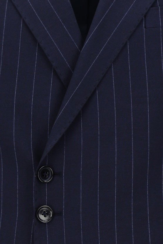 Erkek Giyim - Slim Fit Dar Kesim Çizgili İtalyan Kesim Kruvaze Takım Elbise