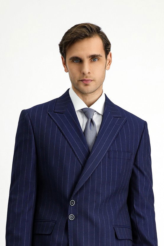 Erkek Giyim - Slim Fit Dar Kesim Çizgili İtalyan Kesim Kruvaze Takım Elbise