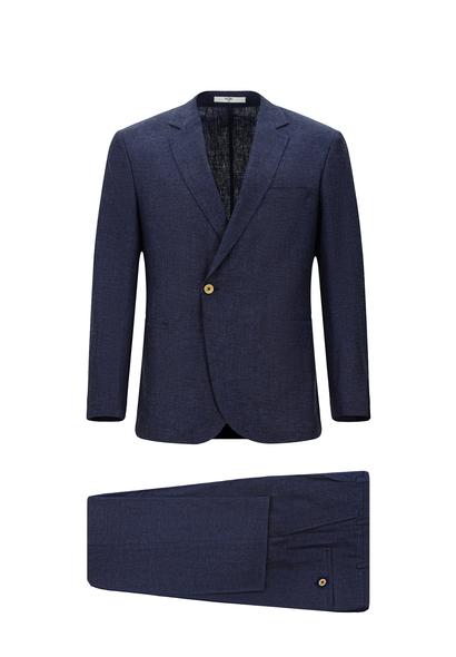 Erkek Giyim - KOYU LACİVERT 54 Beden Slim Fit Dar Kesim Keten Karışımlı Kruvaze Takım Elbise