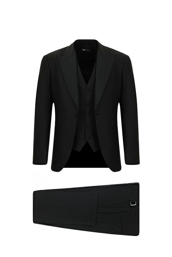 Erkek Giyim - Slim Fit Dar Kesim Sivri Yaka Yelekli Smokin & Damatlık