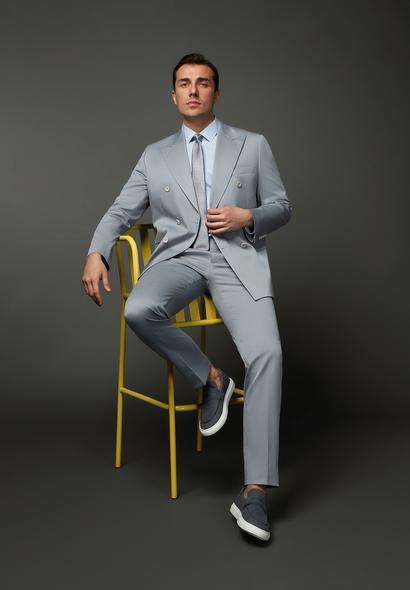 Erkek Giyim - BULUT GRİ 60 Beden Slim Fit Dar Kesim Pamuklu Lyocell Kruvaze Takım Elbise