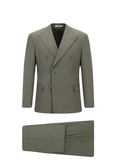 Erkek Giyim - KOYU HAKİ 48 Beden Super Slim Fit Ekstra Dar Kesim Pamuklu Lyocell Kruvaze Takım Elbise