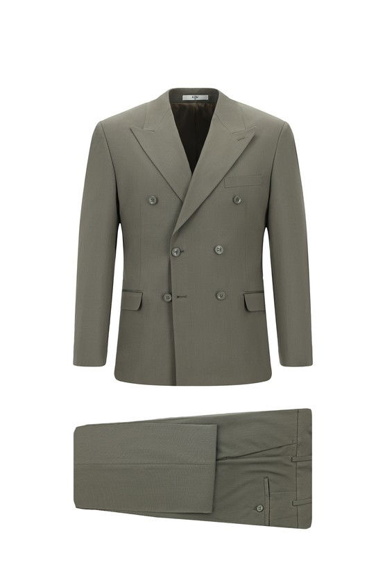 Erkek Giyim - Slim Fit Dar Kesim Pamuklu Lyocell Kruvaze Takım Elbise