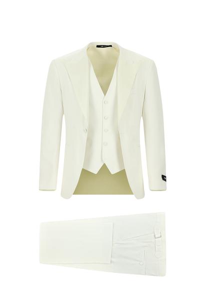 Erkek Giyim - KREM 50 Beden Slim Fit Dar Kesim Sivri Yaka Yelekli Smokin & Damatlık